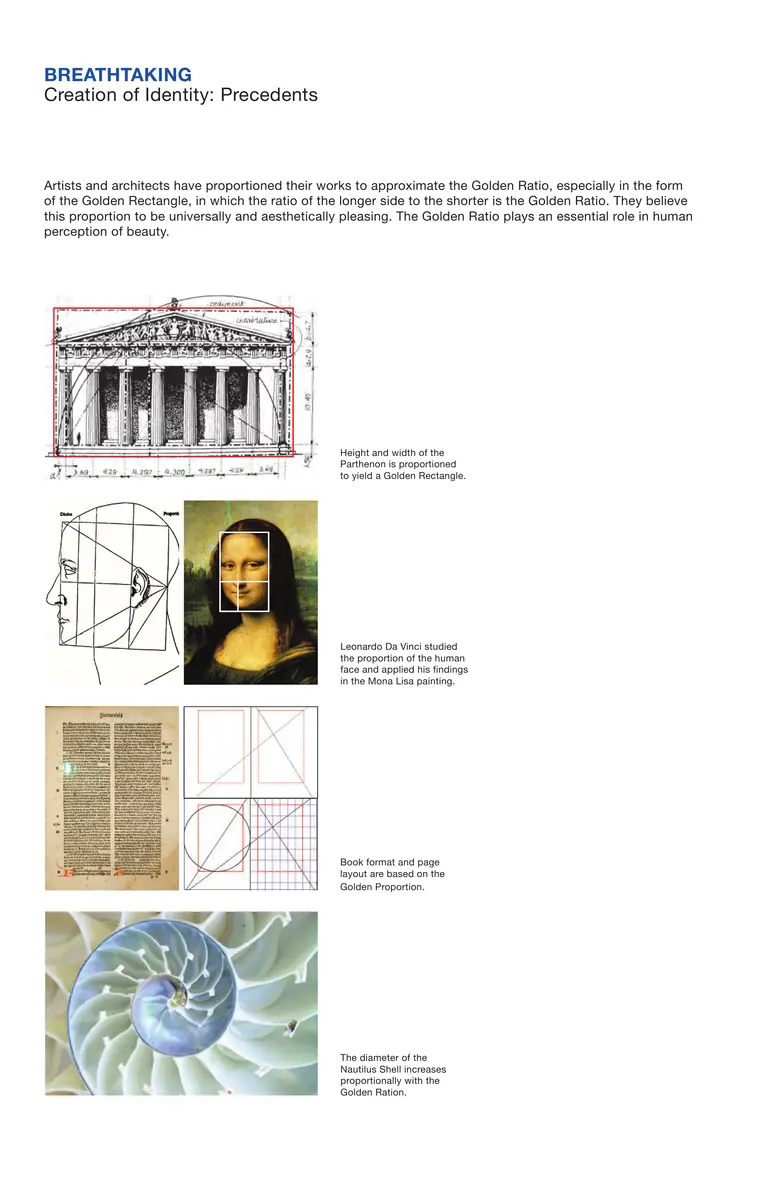 Page 18, Creation of Identity: Precedents. Four images stacked down the page, each overlaid with golden ratio rectangles and lines: the Parthenon, a sketch of a face next to the Mona Lisa, an old printed book page, and a cut nautilus shell.