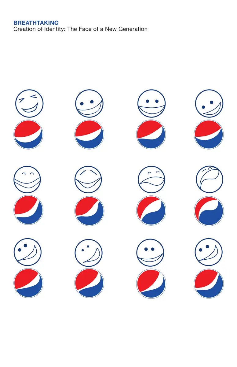 Page 23, Creation of Identity: The Face of a New Generation. A grid of twelve blue line-drawn smiley faces, winking, grinning and smirking, each above a red, white and blue Pepsi globe whose white band follows the same mouth shape.