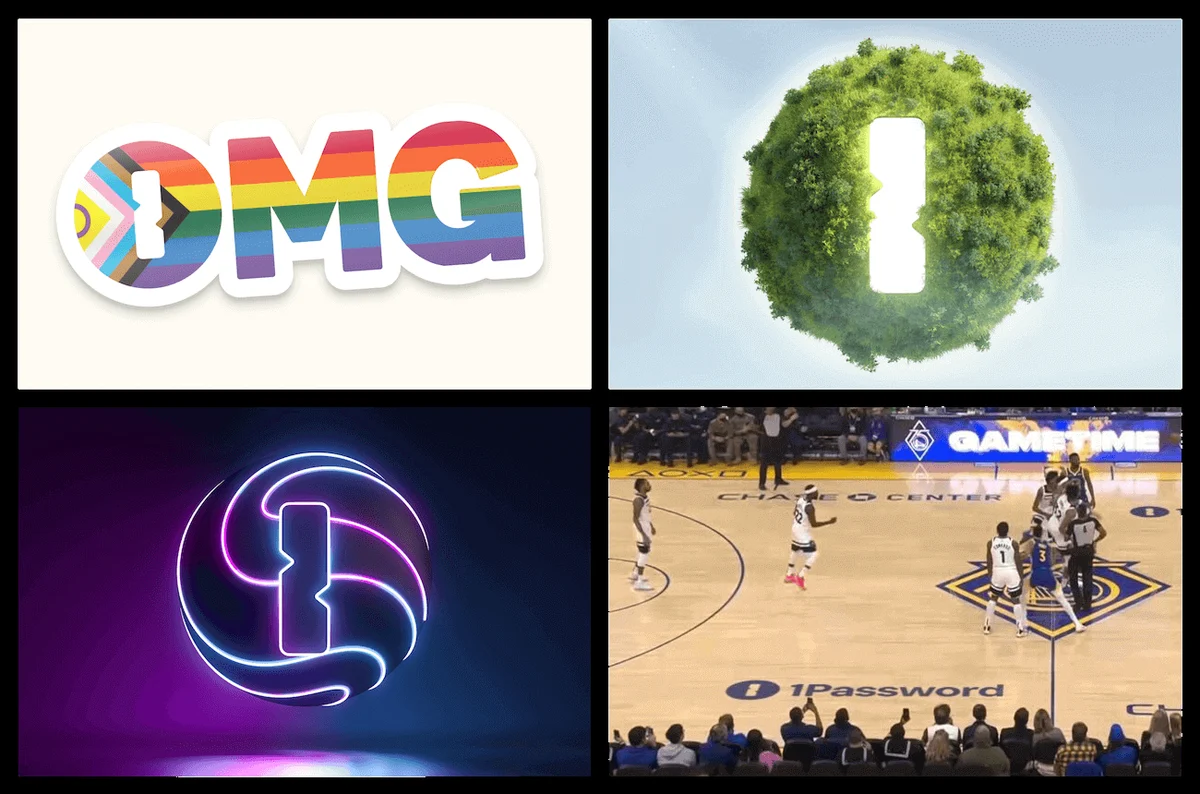 1Password brand collage: 'OMG', a keyhole planter, arena signage