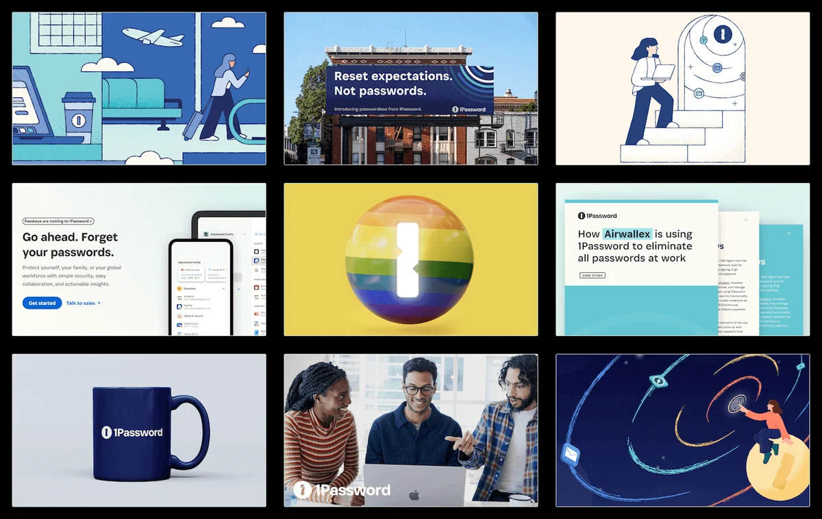 1Password applications: billboards, app screens, illustrations