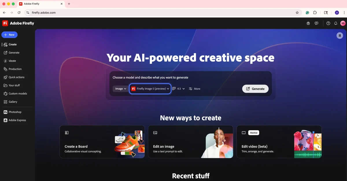 Pantalla de inicio de Adobe Creative Cloud: «Your AI-powered creative space»