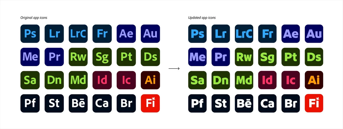 Familia de iconos de app de Adobe en claro y oscuro
