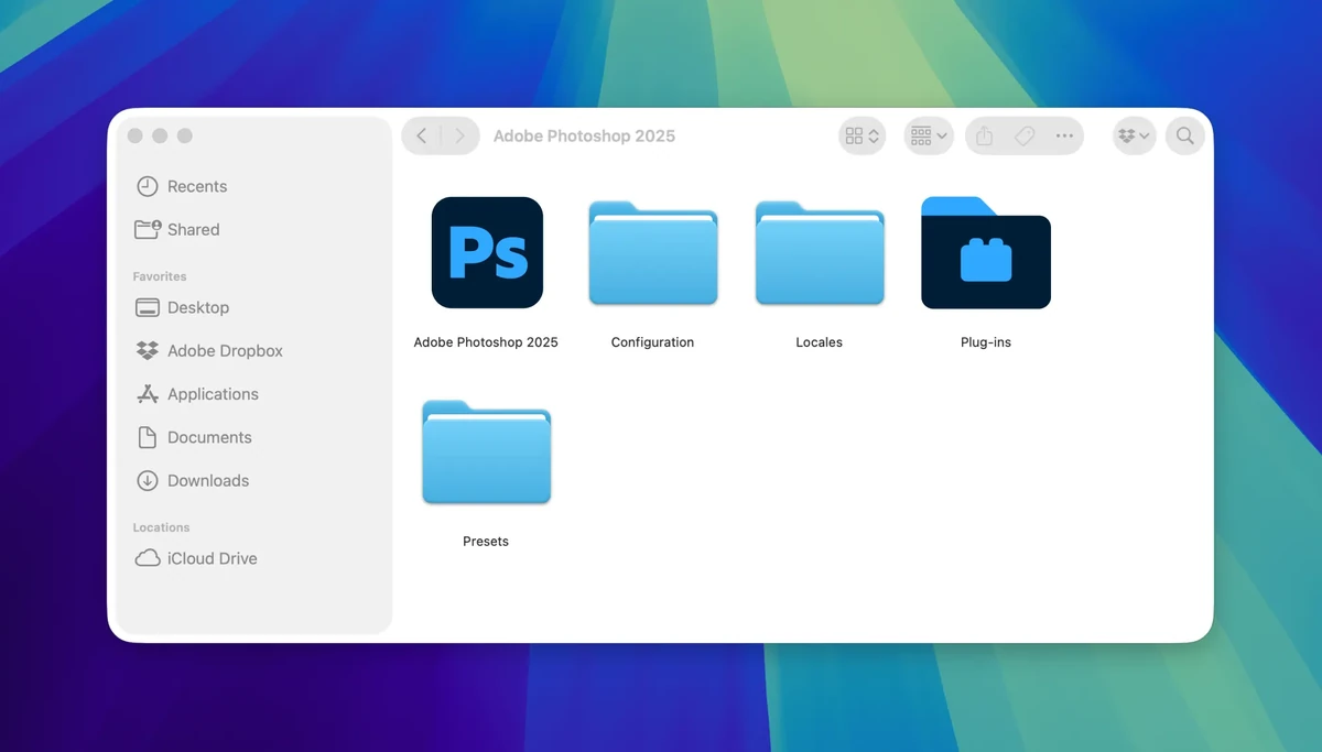 Iconos de app de Adobe en una ventana de carpeta de escritorio