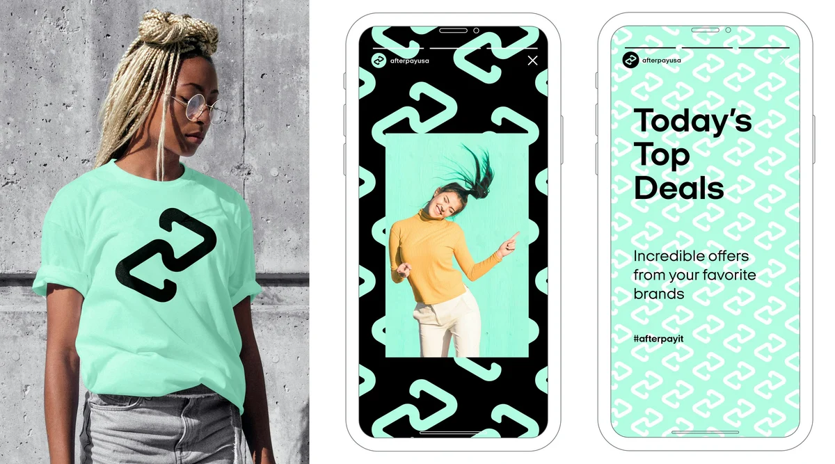 Afterpay mint T-shirt and app deals screen