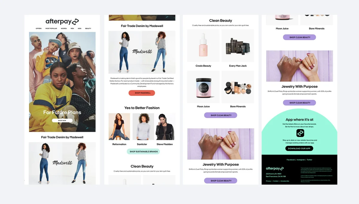 Afterpay website and editorial layouts