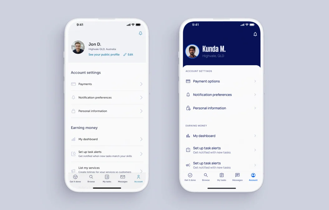 Dos teléfonos mostrando pantallas de perfil y tareas de Airtasker