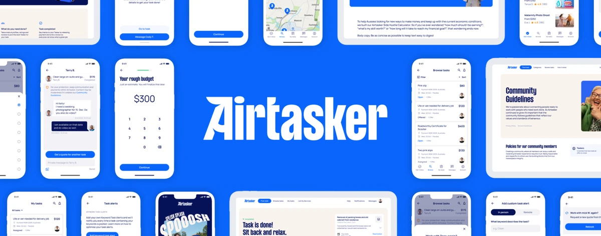Logotipo de Airtasker entre pantallas de app sobre azul