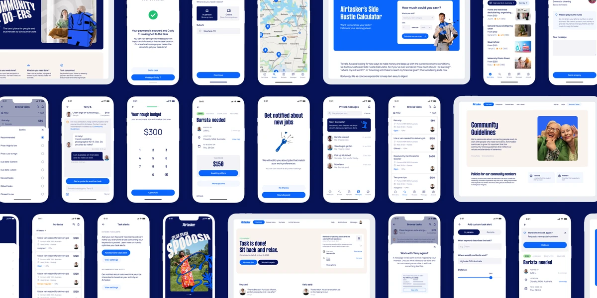 Cuadrícula de pantallas de la app de Airtasker sobre azul oscuro