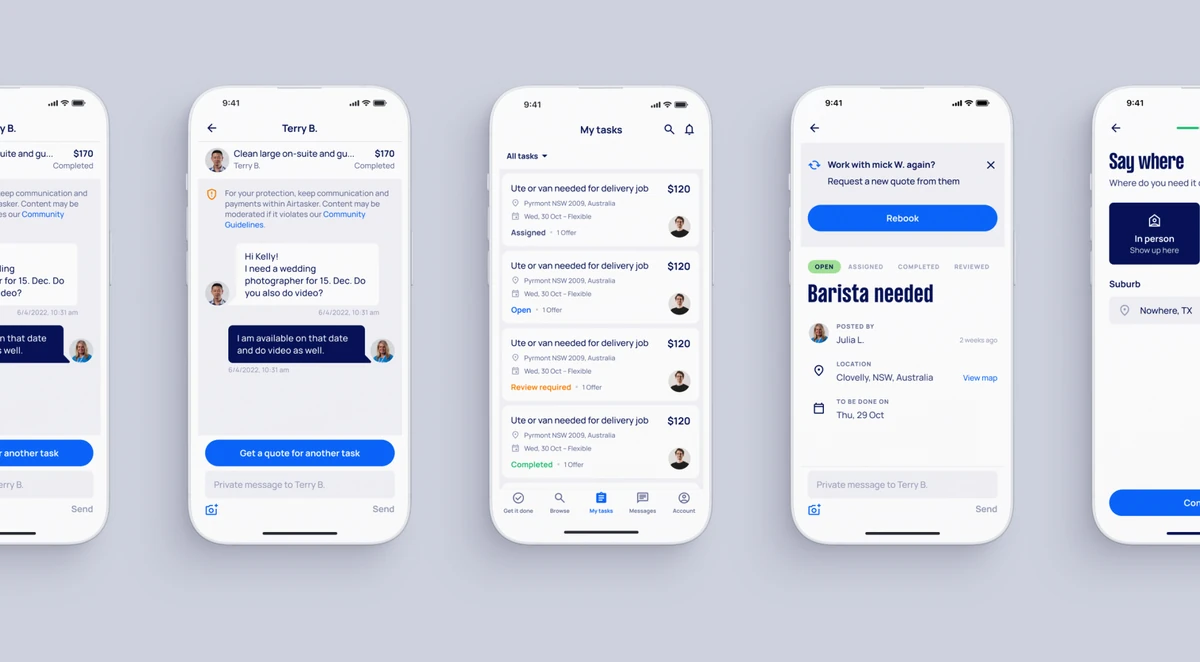 Fila de pantallas de la app de Airtasker