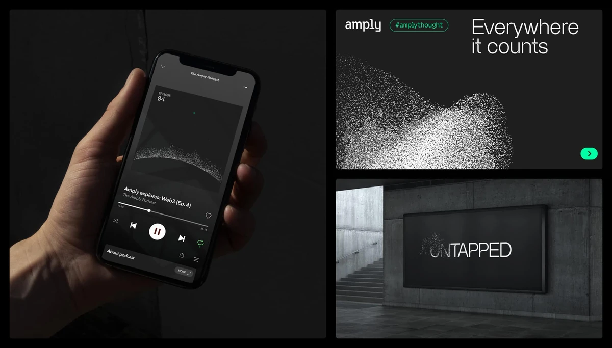 Aplicaciones de Amply en teléfono, web e impreso sobre negro