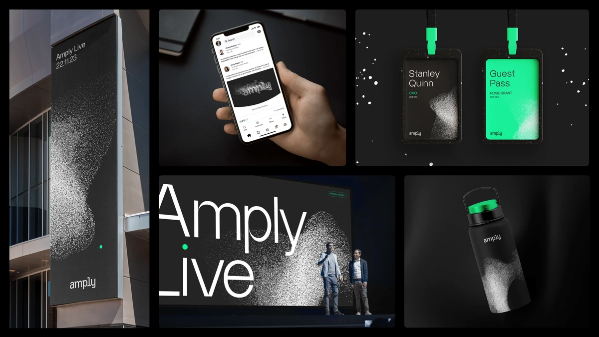 Aplicaciones de marca de Amply: señalética, web y carteles