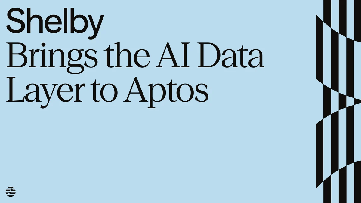 Tarjeta de noticias de Aptos sobre azul claro: «Shelby Brings the AI Data Layer to Aptos»