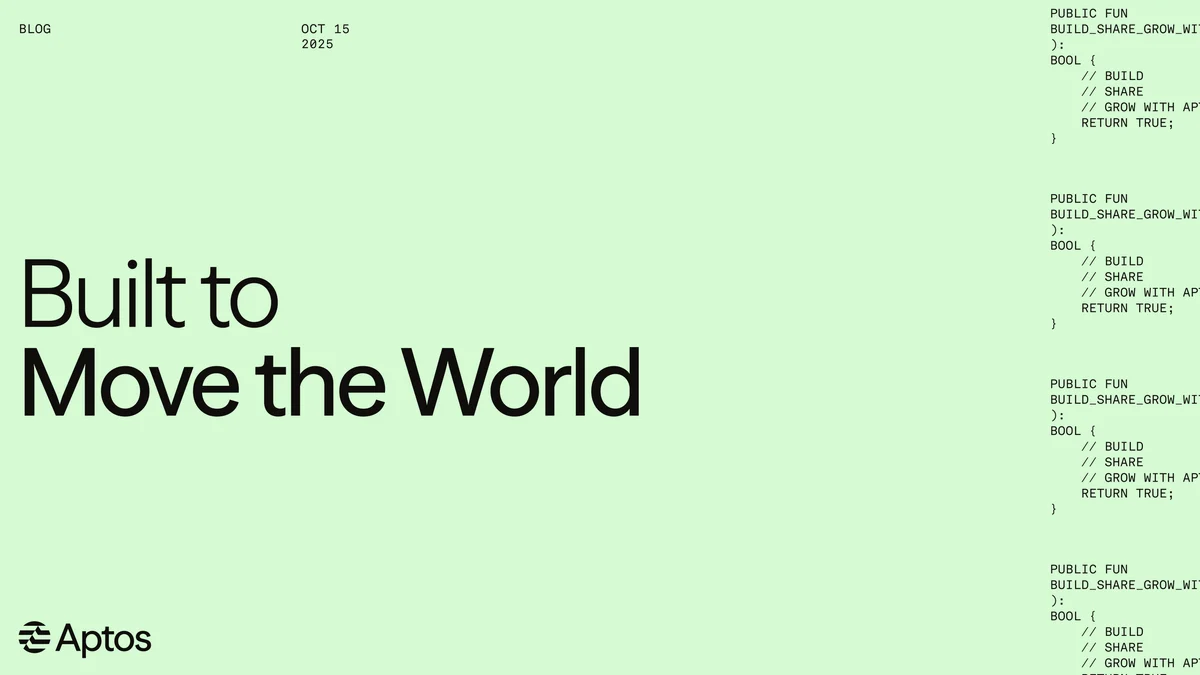 Tarjeta de anuncio de Aptos: «Built to Move the World» sobre verde menta