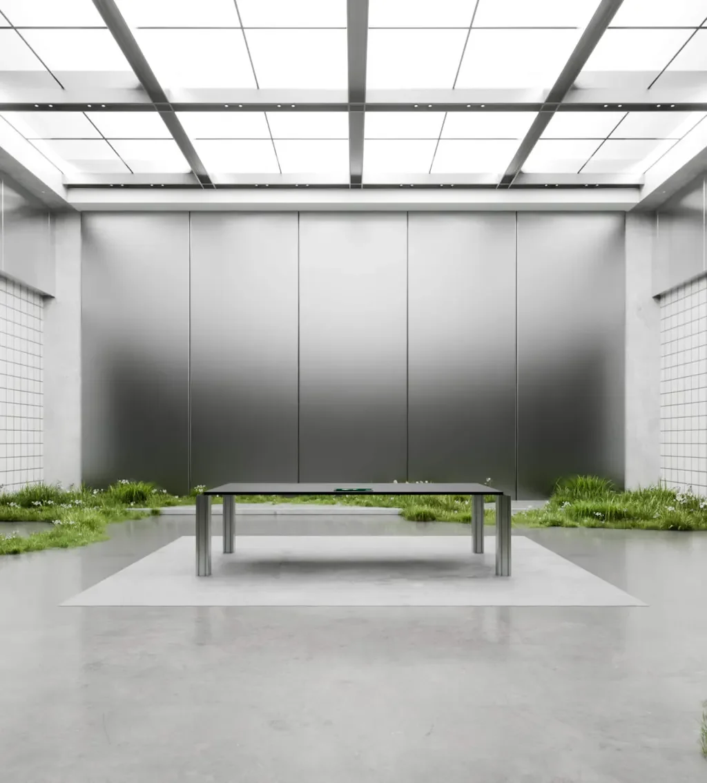 Render de una galería minimalista con la marca Aptos