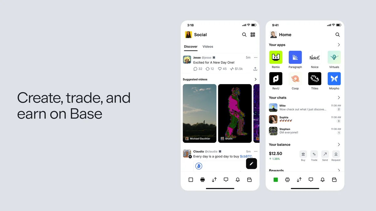 Pantallas de la app de Base: «Create, trade, and earn on Base»