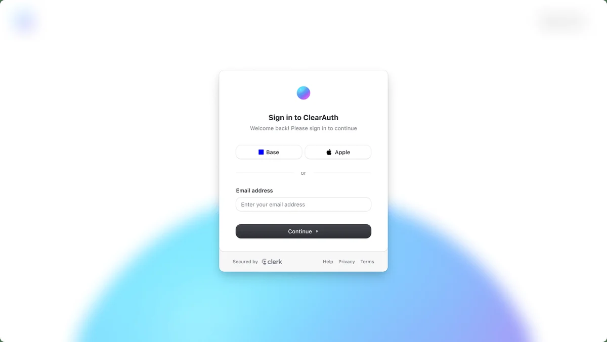 Pantalla de inicio de sesión de Base sobre un degradado azul