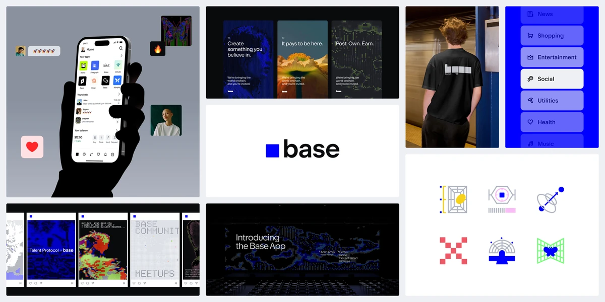 Resumen de marca de Base: pantallas de la app, merchandising y conjunto de iconos