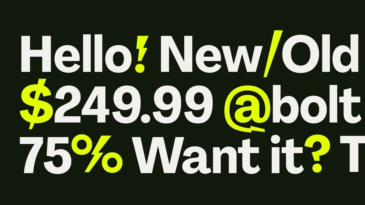 Bolt typographic banner: 'Hello! New/Old $249.99 @bolt'