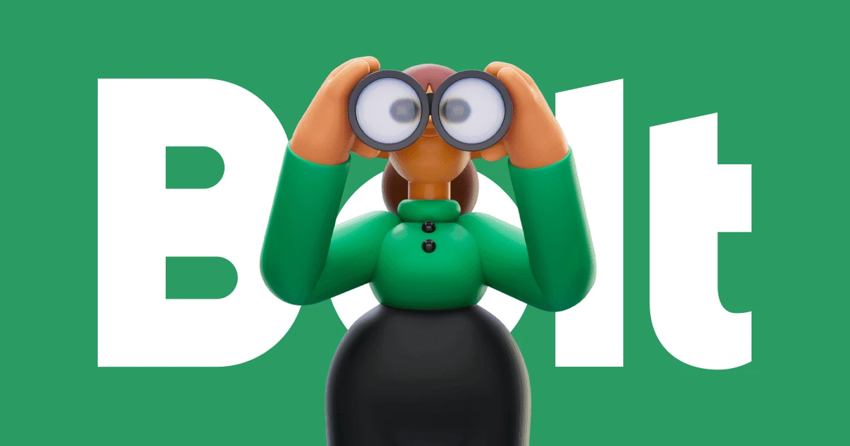 Bolt wordmark with a character holding binoculars