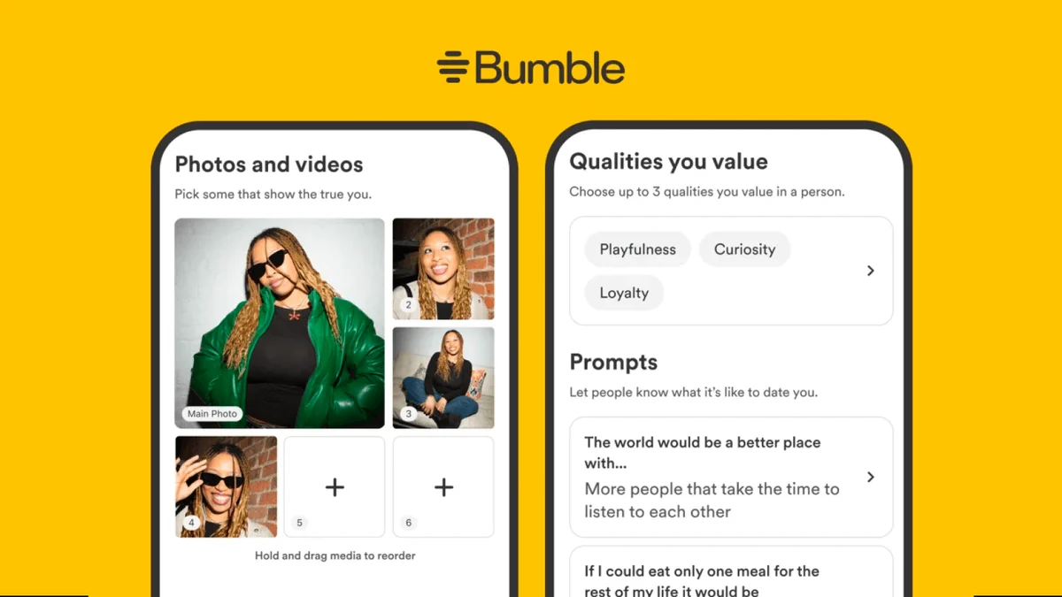 Pantallas de foto y verificación de Bumble sobre amarillo