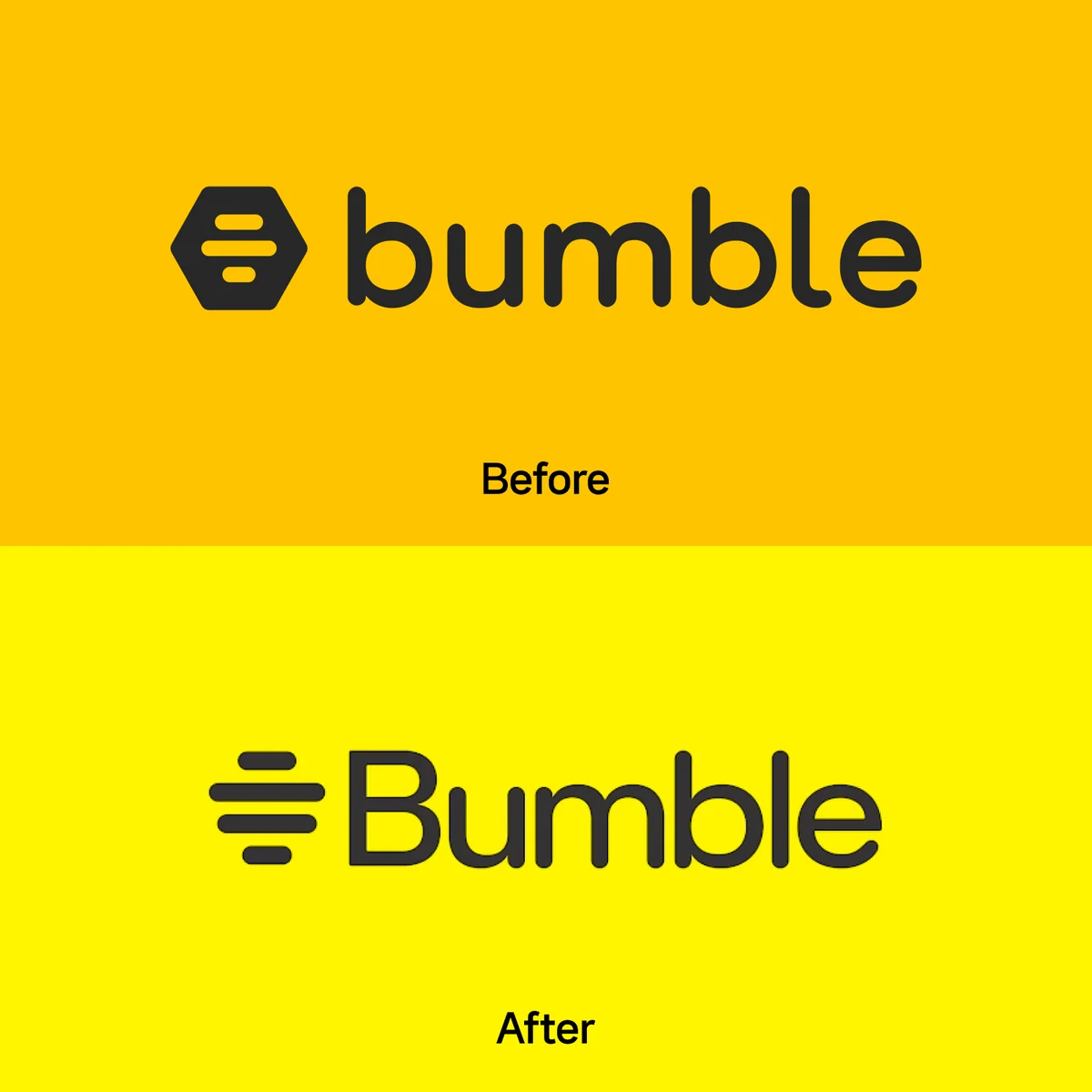 Logo de Bumble antes y después sobre amarillo