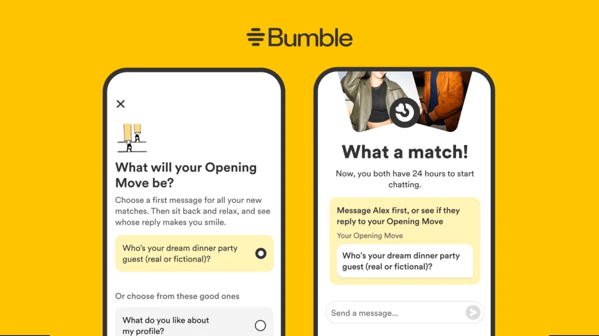 Pantallas de prompts de perfil de Bumble sobre amarillo