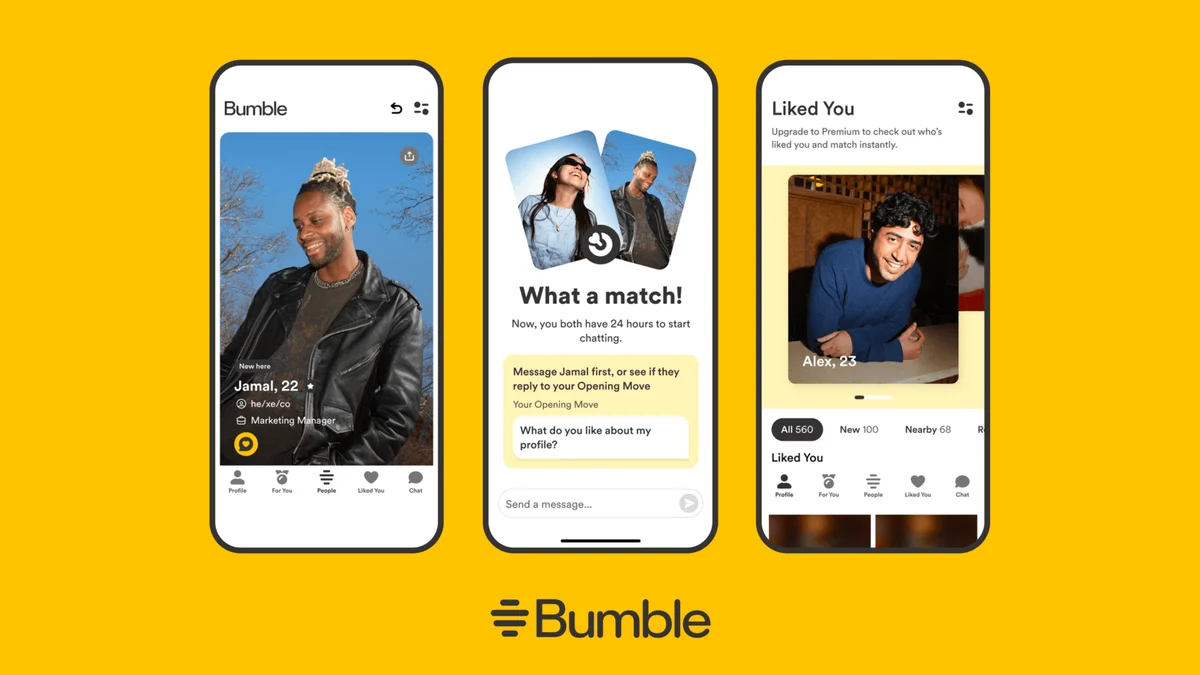 Pantallas de la app de Bumble sobre amarillo
