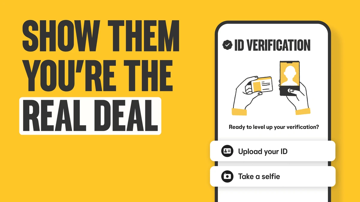Anuncio de Bumble: «Show them you're the real deal» con verificación de identidad