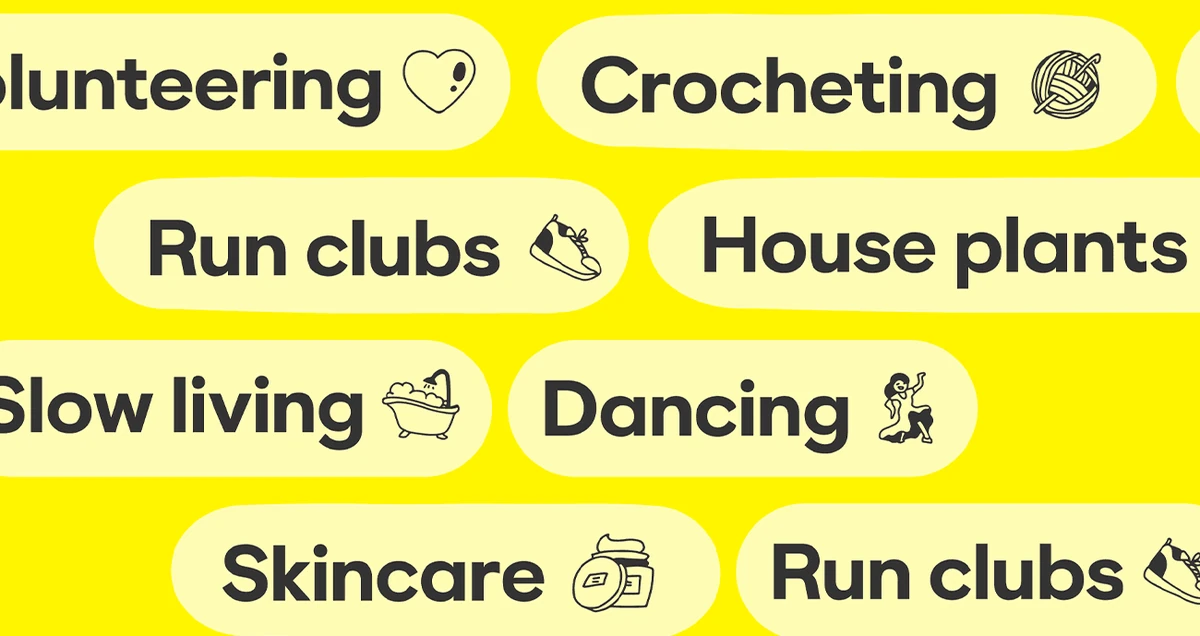 Chips de intereses de Bumble: Volunteering, Crocheting, Run clubs