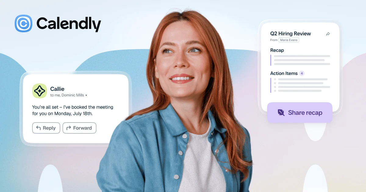 Tarjeta de interfaz de programación de Calendly junto a una mujer sonriente sobre un fondo azul pálido