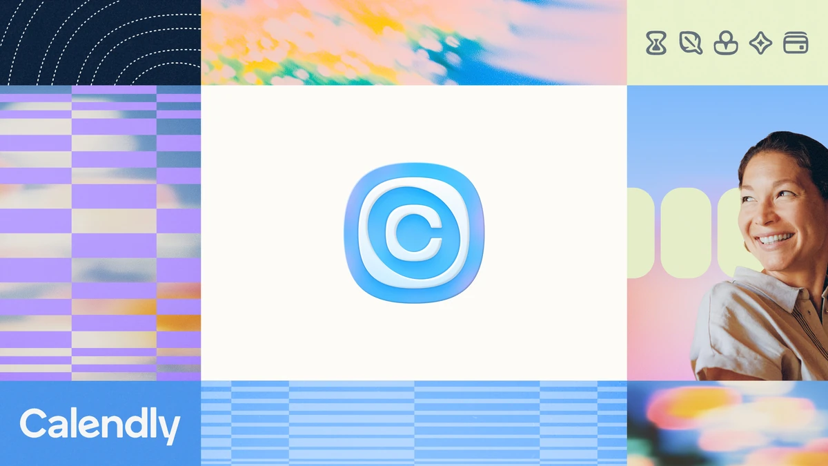 Icono de app de la “C” azul de Calendly con imágenes de marca y un retrato