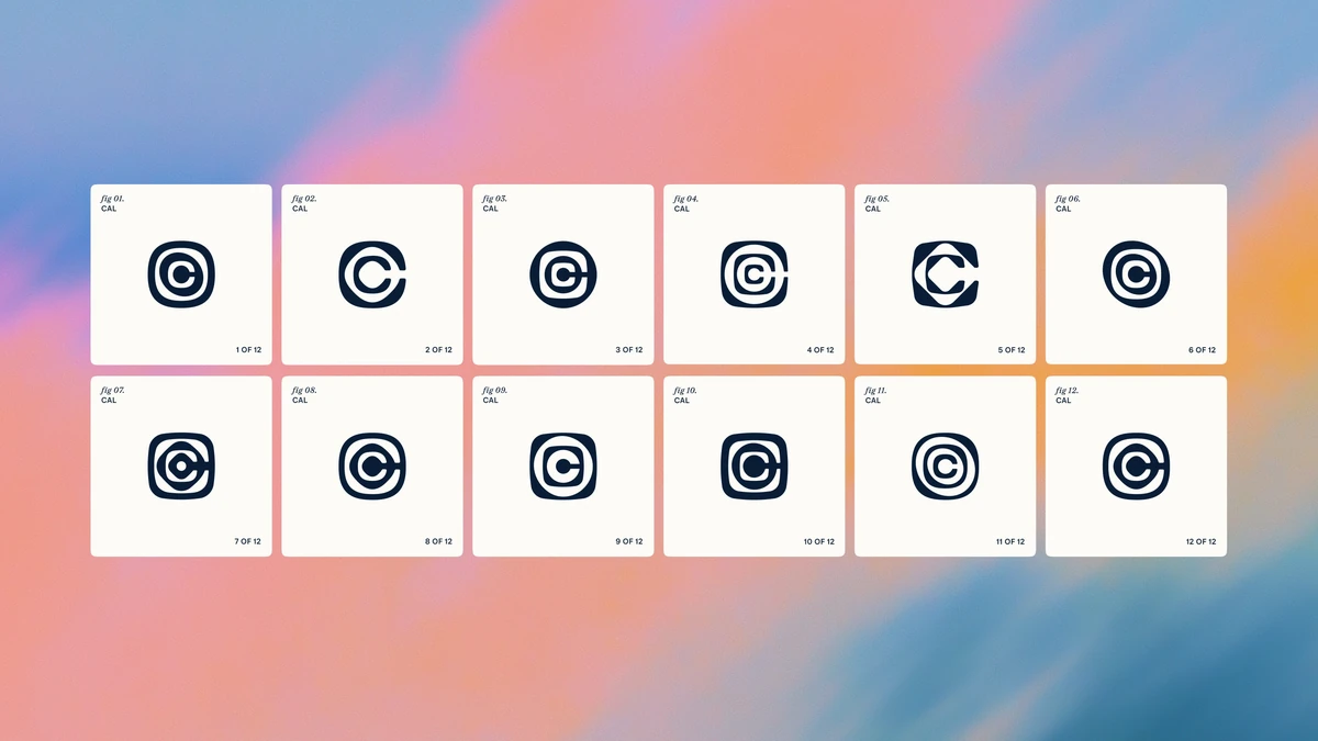Cuadrícula de variaciones de iconos de Calendly sobre un degradado pastel
