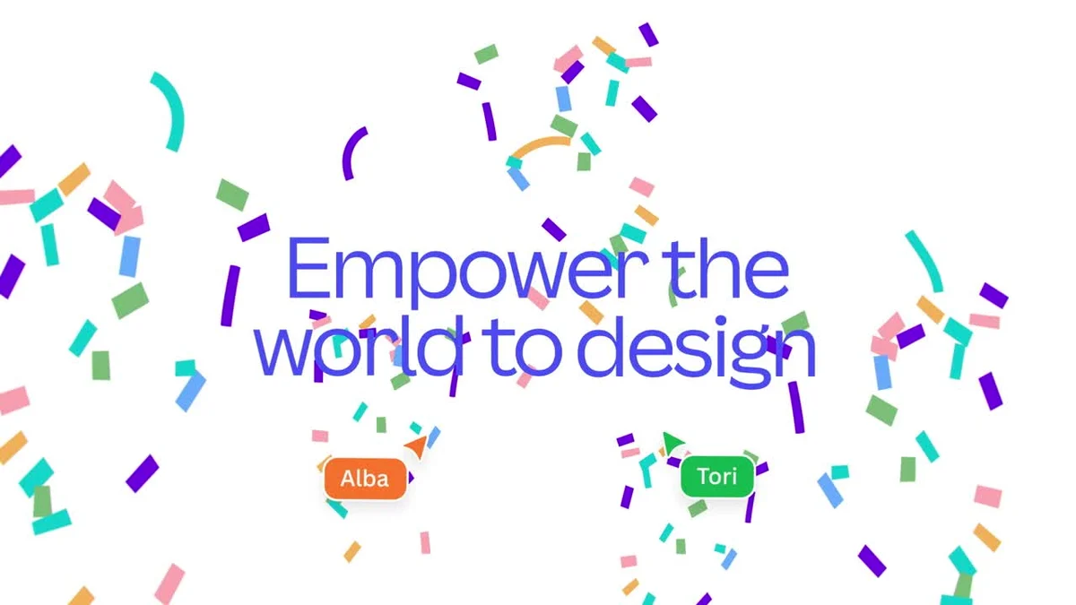 Canva confetti graphic: 'Empower the world to design'