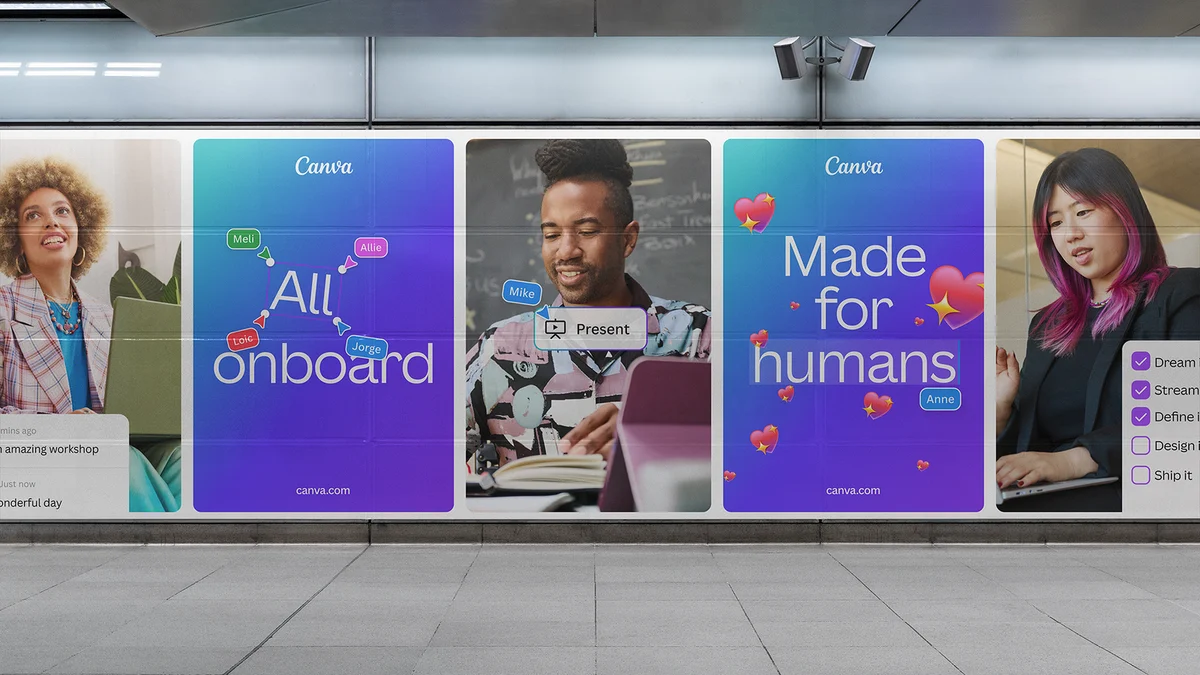 Canva posters on a subway platform