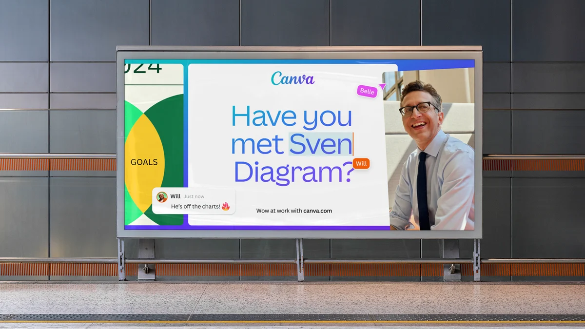 Canva billboard in a station: 'Have you met Sven Diagram?'