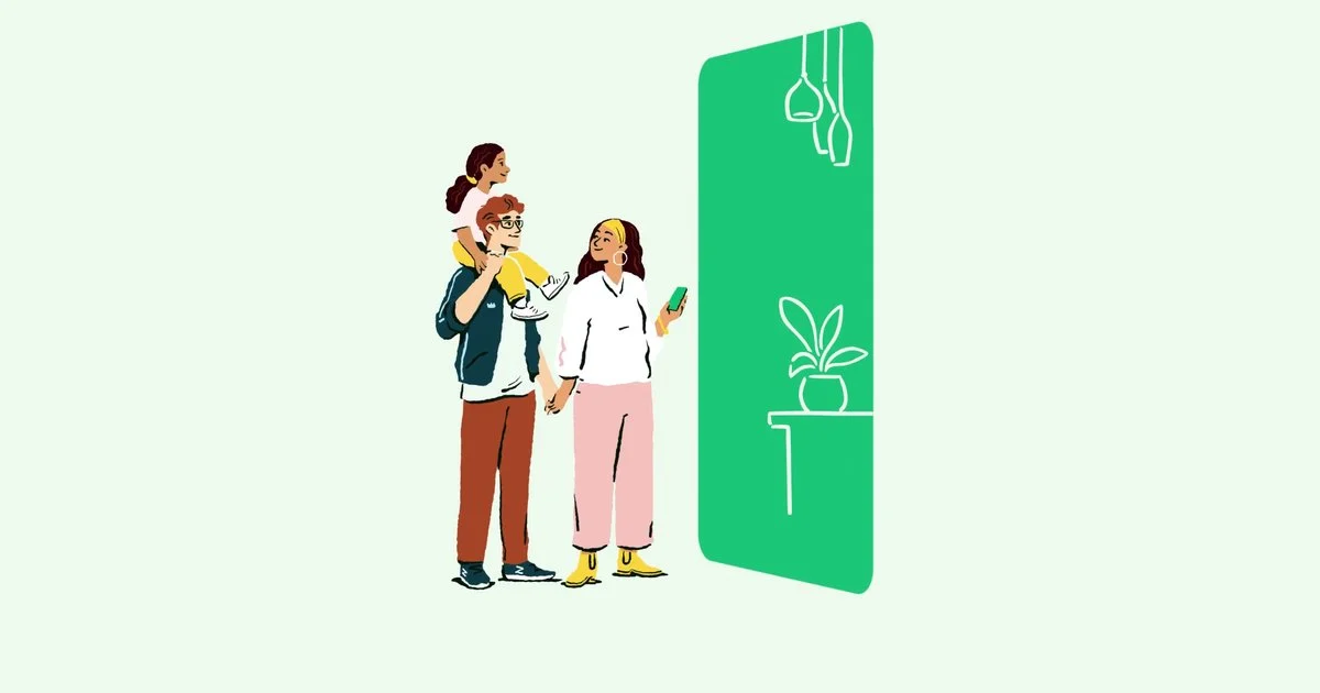 Chime illustration: a family with a giant card