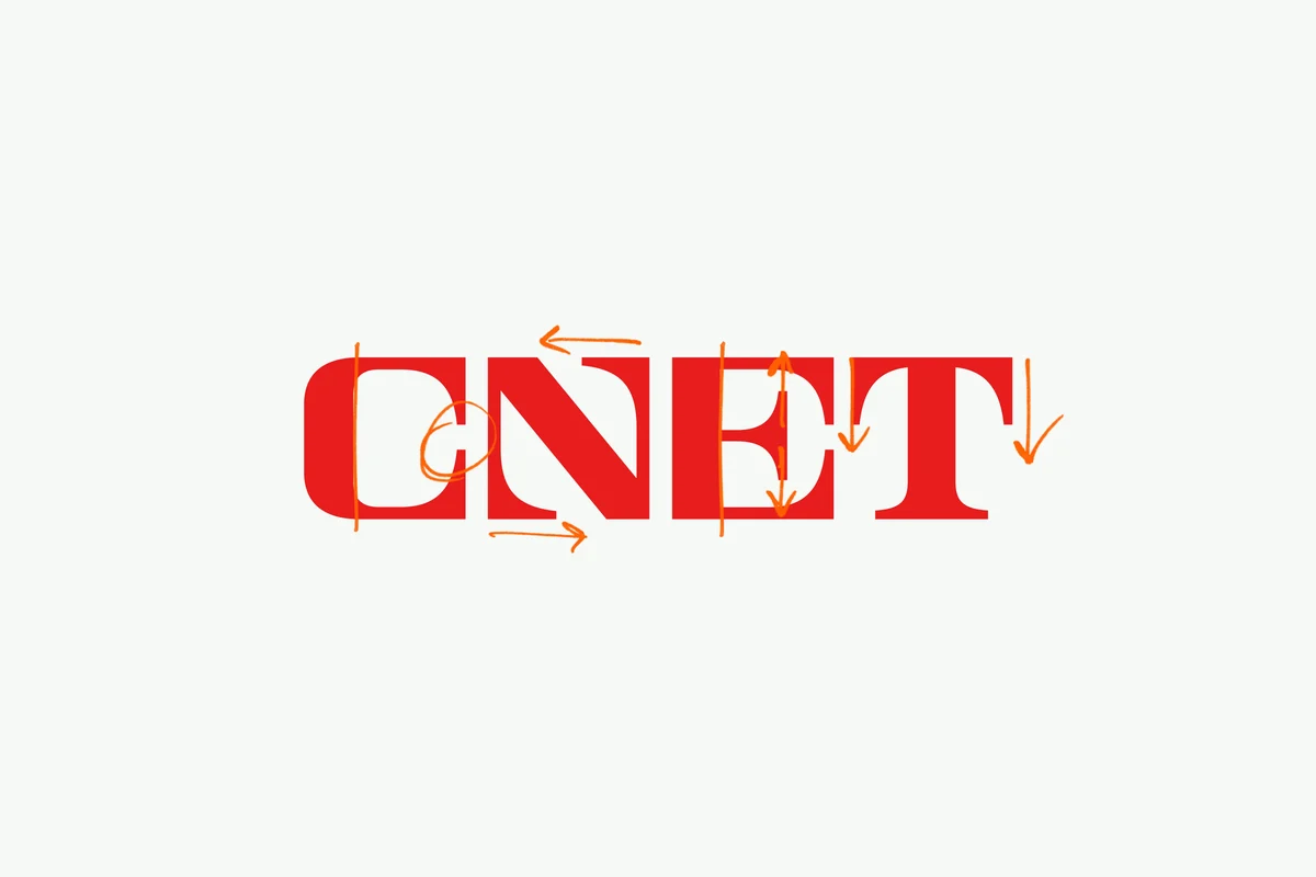 CNET wordmark with annotation sketch