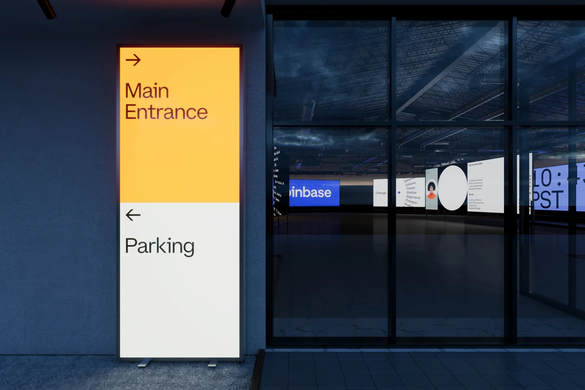 Coinbase office wayfinding: 'Main Entrance' sign
