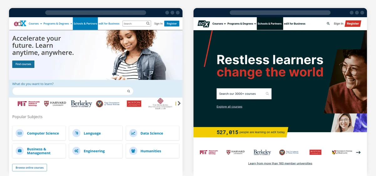Coursera website pages for learners and businesses