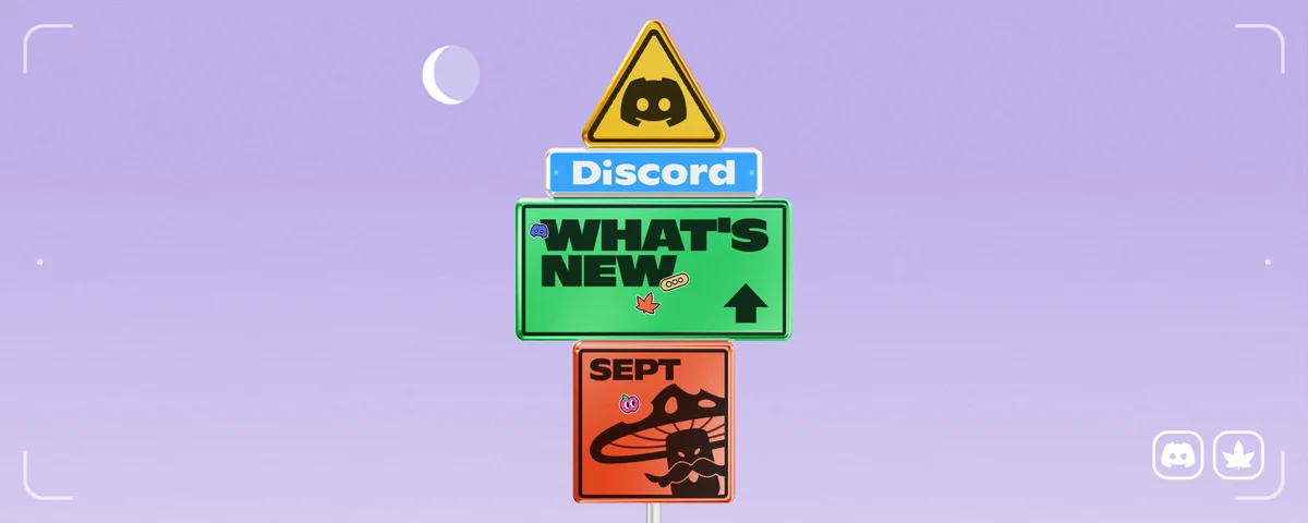 Gráfico estilo pegatina de color lavanda de «What's New» con el logo de Discord y una insignia amarilla de Wumpus