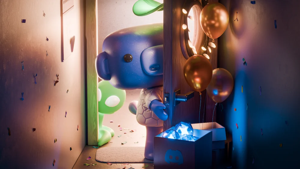 Personaje 3D de Wumpus asomándose por una puerta tenuemente iluminada con una luz azul brillante