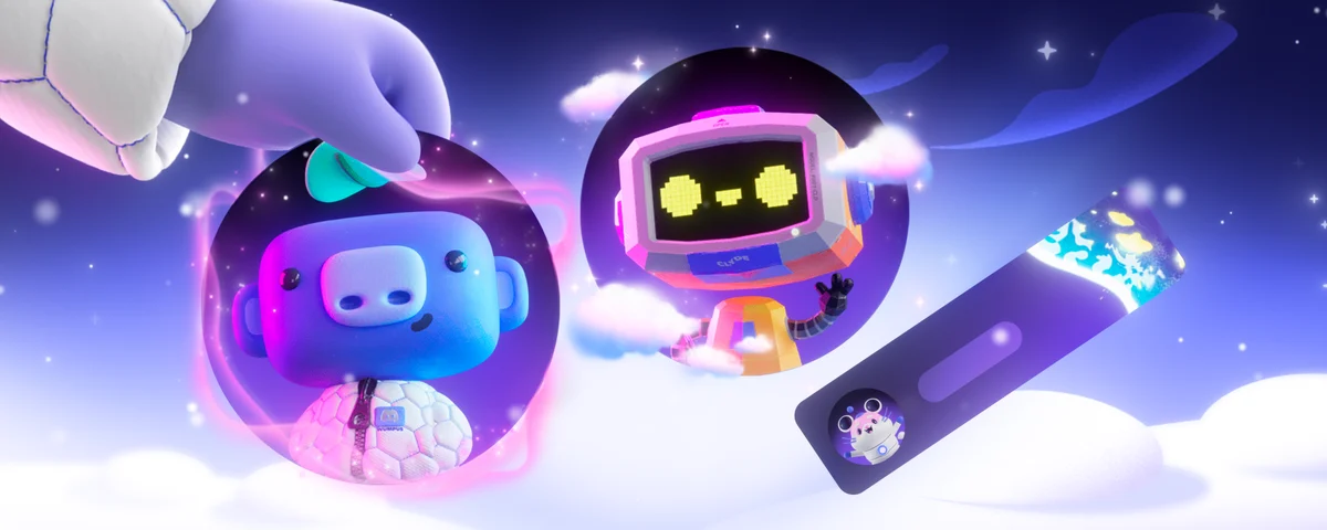 Personajes 3D de Wumpus y un robot flotando en burbujas brillantes contra un degradado morado