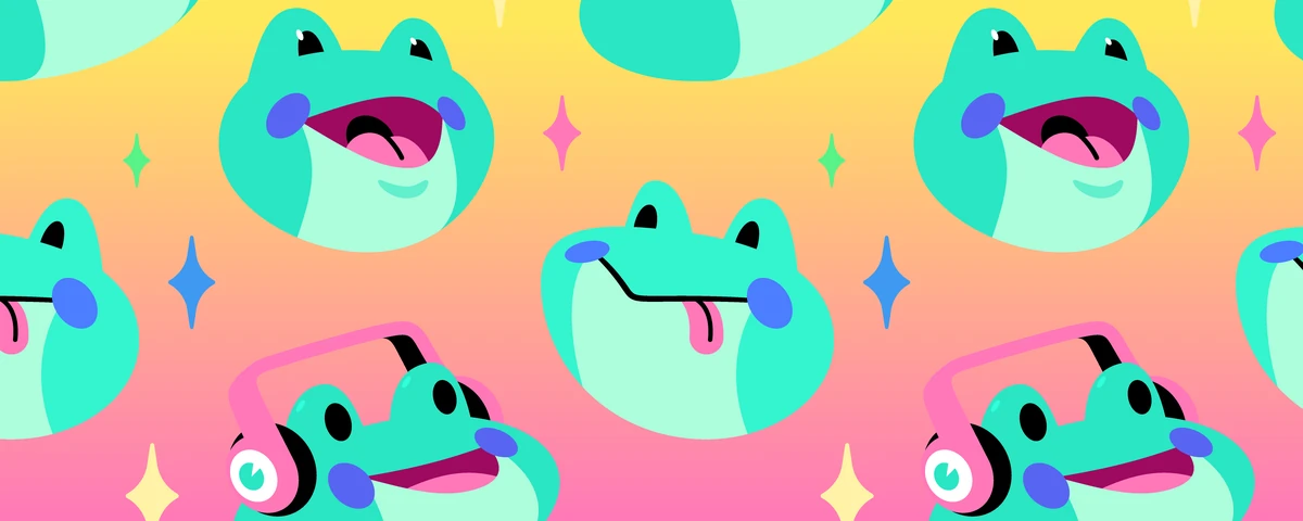 Patrón repetitivo de caras de rana de dibujos animados en rosa, amarillo y verde azulado