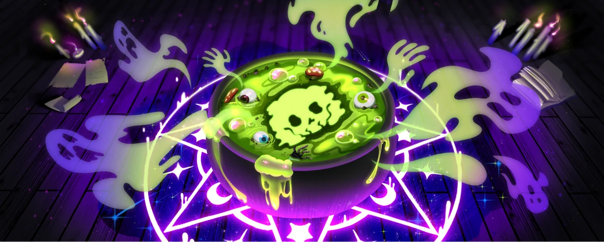 Ilustración de Discord de un caldero verde brillante en una escena mágica morada