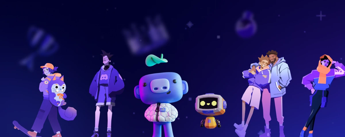 Personajes 3D de Discord y Wumpus reunidos sobre un fondo azul profundo