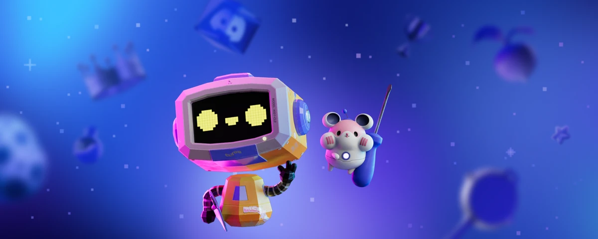 Personajes 3D de robot y Wumpus flotando entre formas moradas