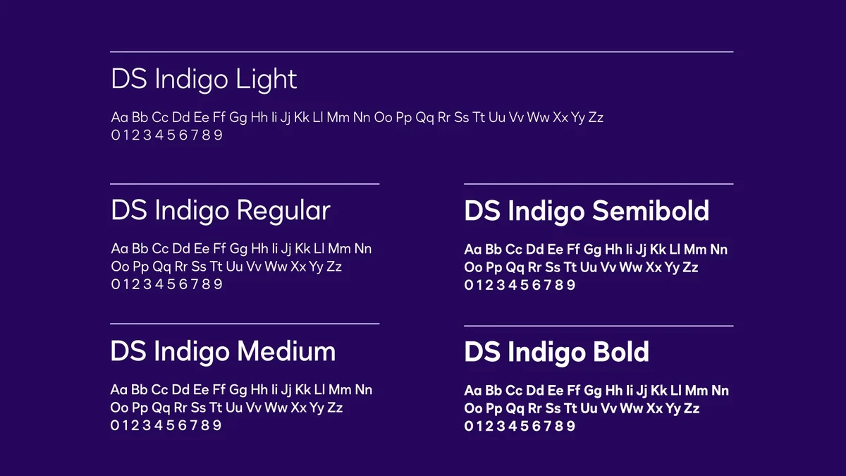 DS Indigo typeface weights on purple