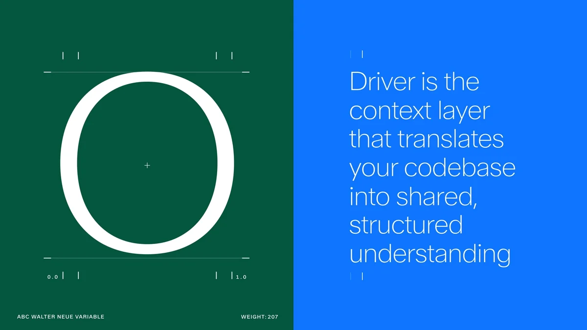 Diapositiva de marca de Driver con una «O» grande de contorno y un panel azul de texto explicativo