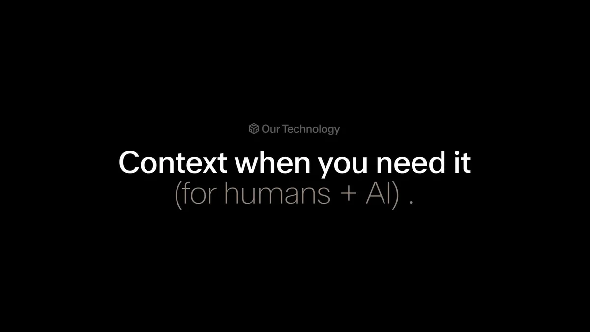 Diapositiva con el mensaje «Context when you need it (for humans + AI)» sobre negro