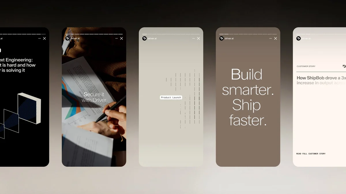 Pantallas de app de Driver y un cartel «Build smarter. Ship faster.»